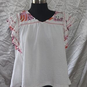 JODIFL White Cotton Blouse with Pink and Orange Trim
